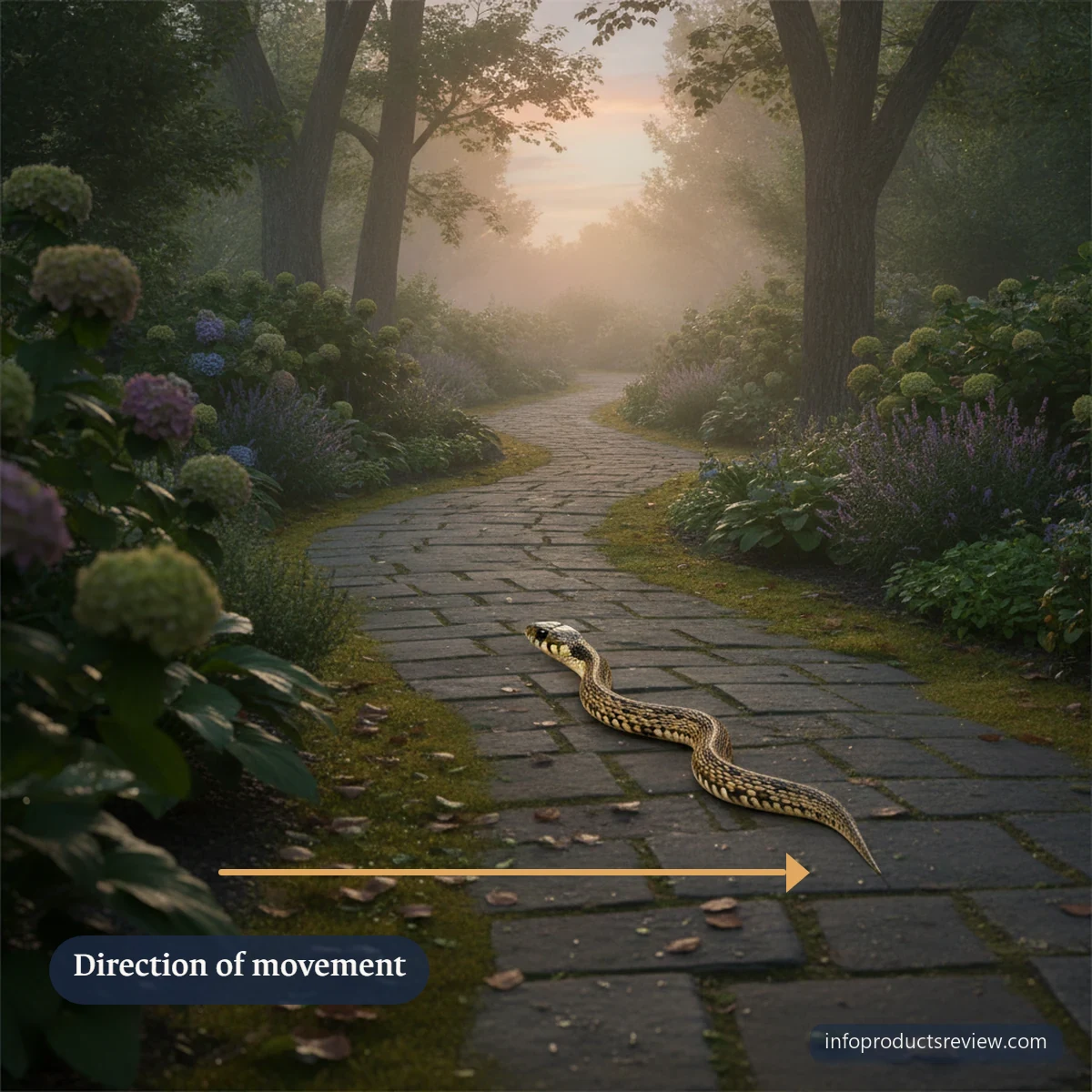 A garden path curving into dawn mist with a distant snake following it