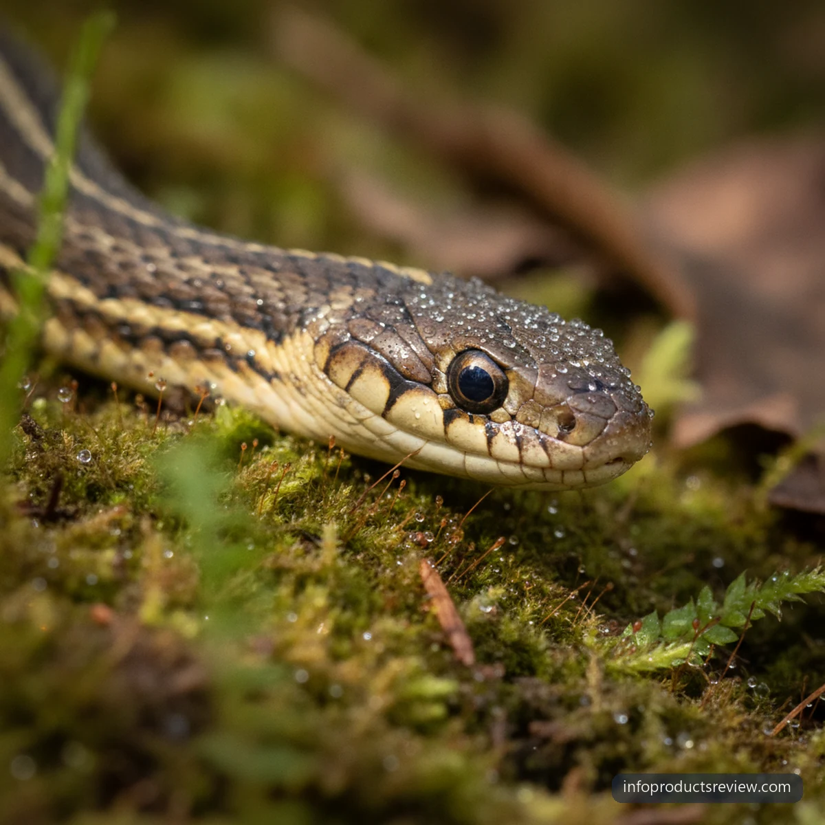 A snake's head with closed mouth on dewy moss in soft light