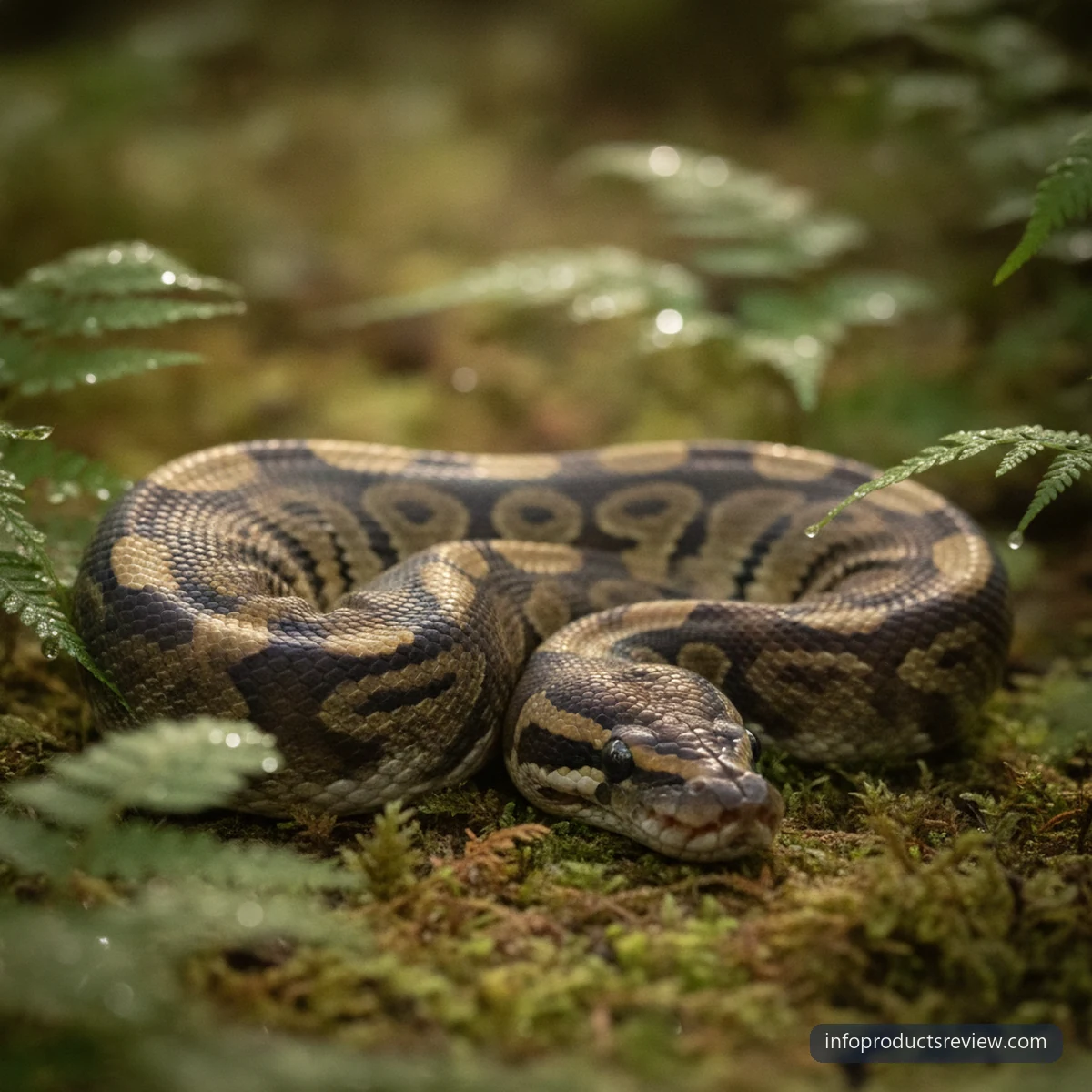 A completely relaxed snake among low ferns in filtered light