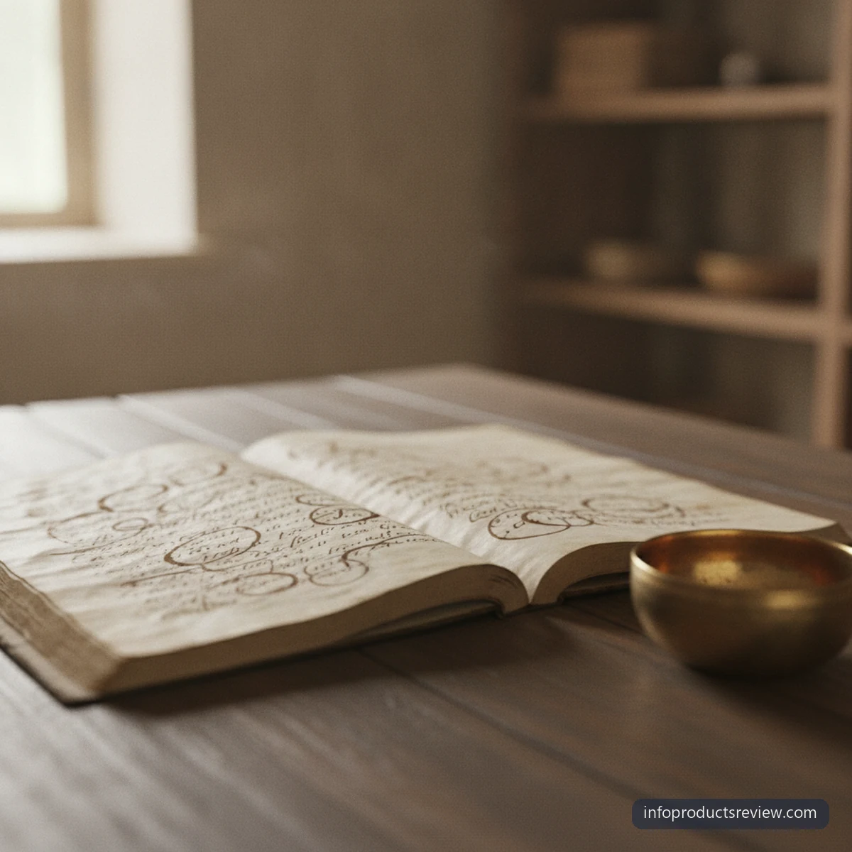 An old open manuscript on a wooden table in soft daylight