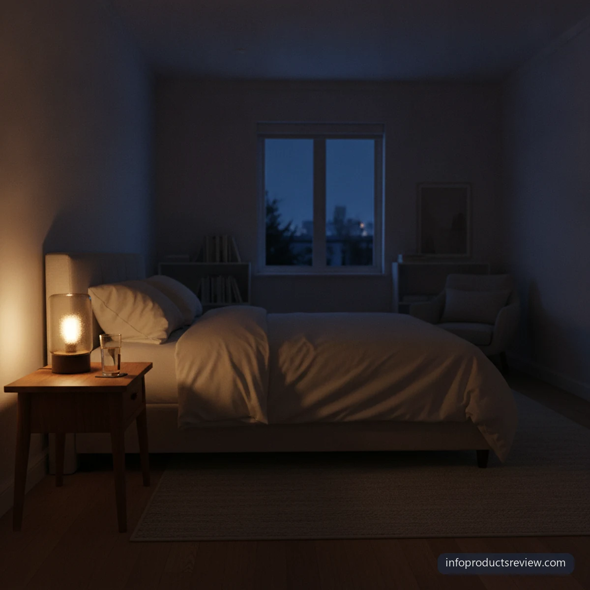 An empty bedroom at night with a small lamp and a glass of water