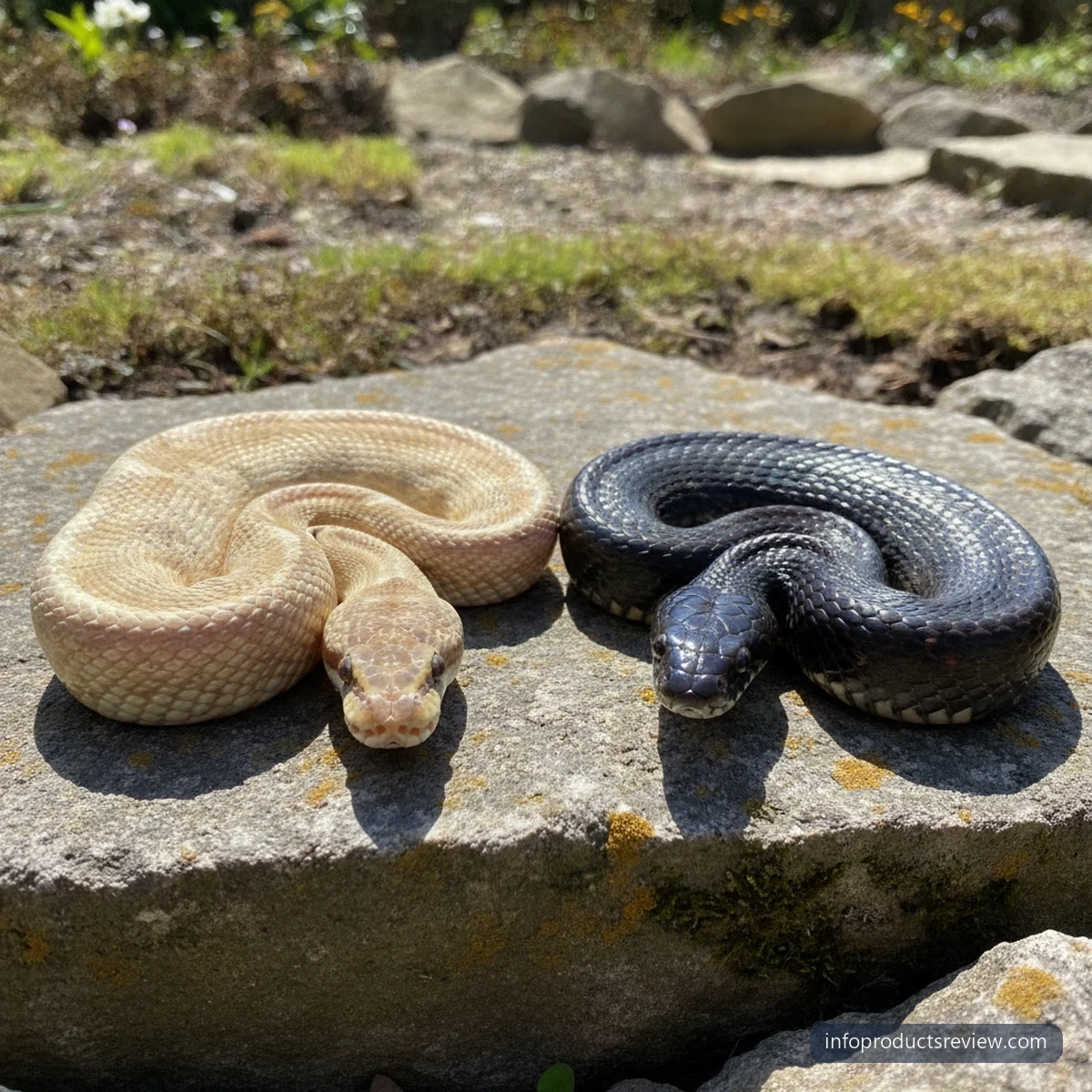 A pale snake and a dark snake on the same garden stone under one light