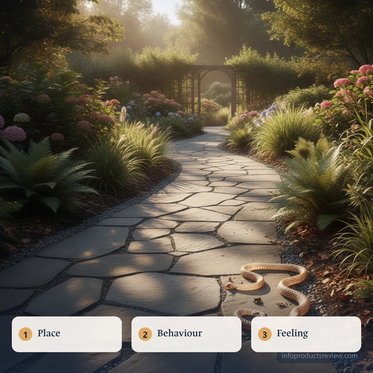 A clean sunlit garden path with a shed snake skin at its side