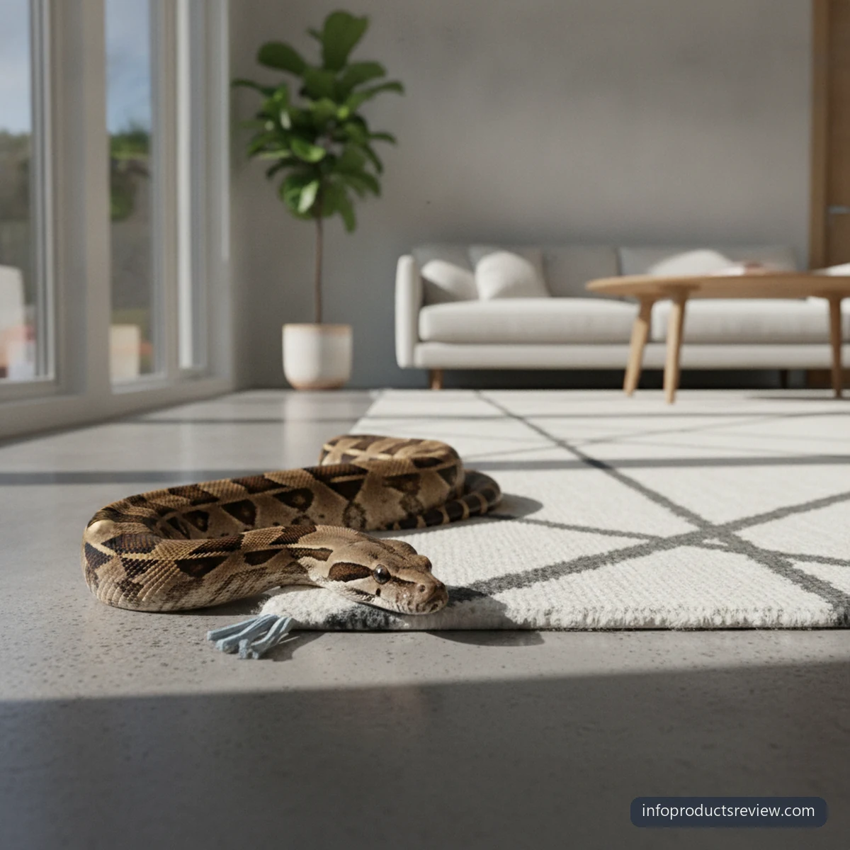 Snake Dream Meaning for a Single Woman: A Clear, Grounded Interpretation 3 A snake stopping at the edge of a rug in a bright modern room