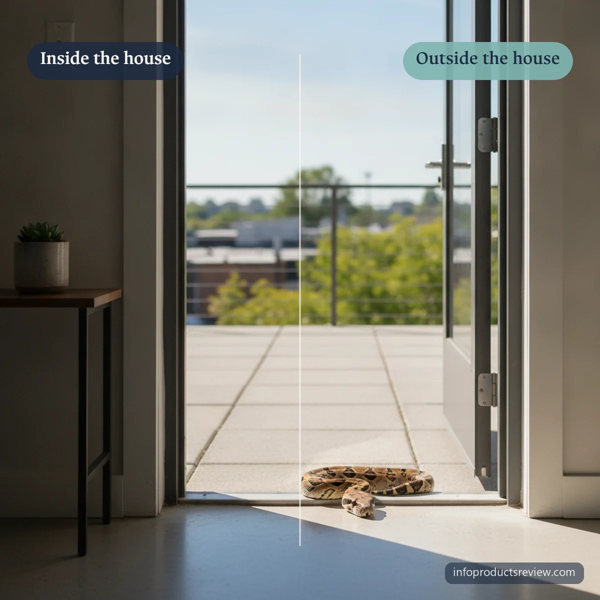 Snake Dream Meaning for a Single Woman: A Clear, Grounded Interpretation 4 A snake on an apartment threshold between interior shade and outdoor light