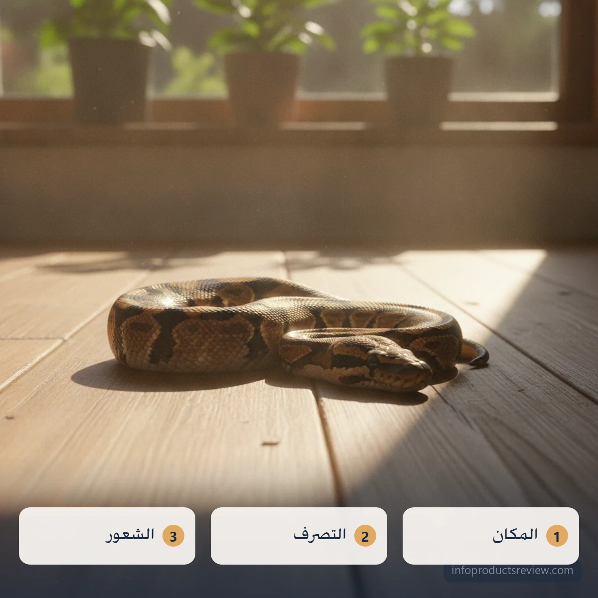 ثعبان ساكن على أرضية خشبية في شريط ضوء من النافذة