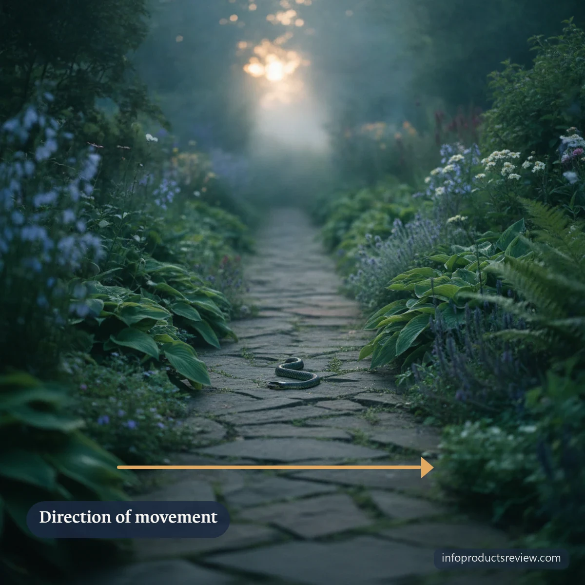 Snake Dream Meaning for a Single Woman: A Clear, Grounded Interpretation 8 A distant snake on a narrow garden path in evening light