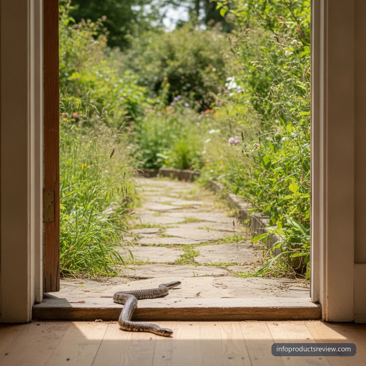 Snake Dream Meaning for a Single Woman: A Clear, Grounded Interpretation 10 A snake moving away outside an open door in daylight