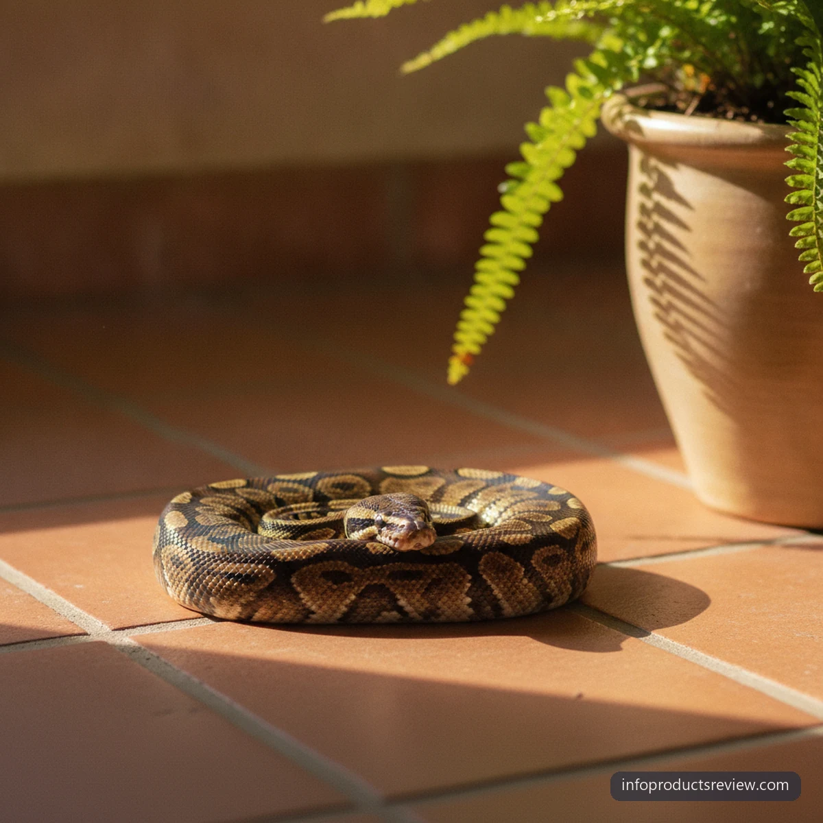 Snake Dream Meaning for a Single Woman: A Clear, Grounded Interpretation 11 A snake coiled asleep in a patch of sun on terracotta tiles