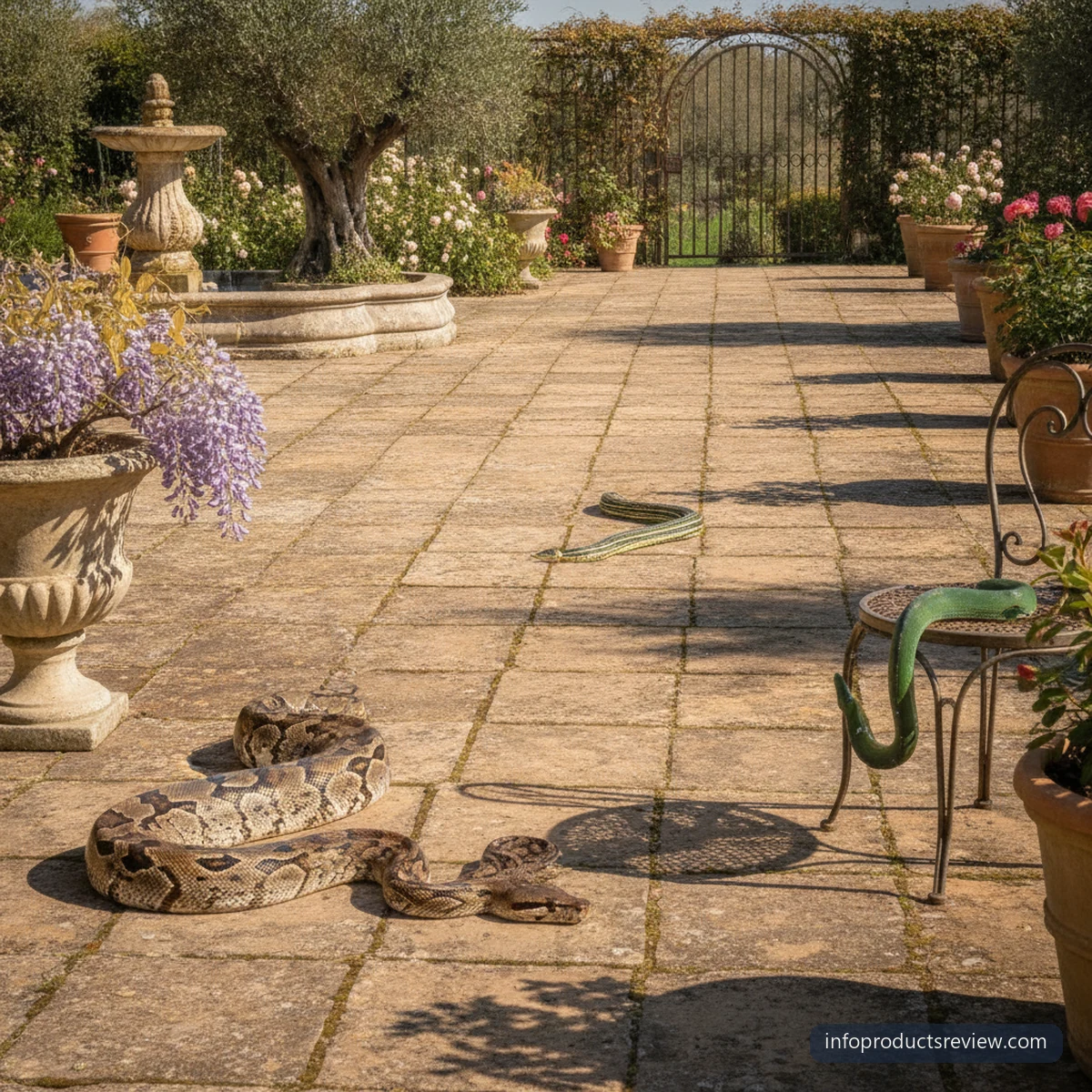 Snake Dream Meaning for a Single Woman: A Clear, Grounded Interpretation 12 Three snakes of differing size and colour on a sunlit garden terrace