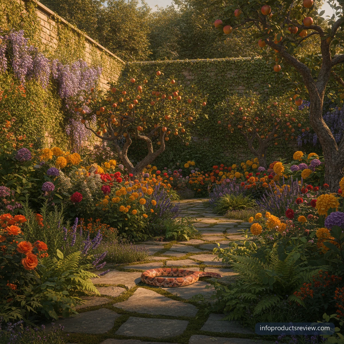 Snake Dream Meaning for a Single Woman: A Clear, Grounded Interpretation 13 A snake passing between flowering plants in a walled garden at golden hour