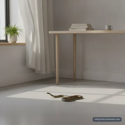 A still snake on the floor of a quiet study room near a bright window